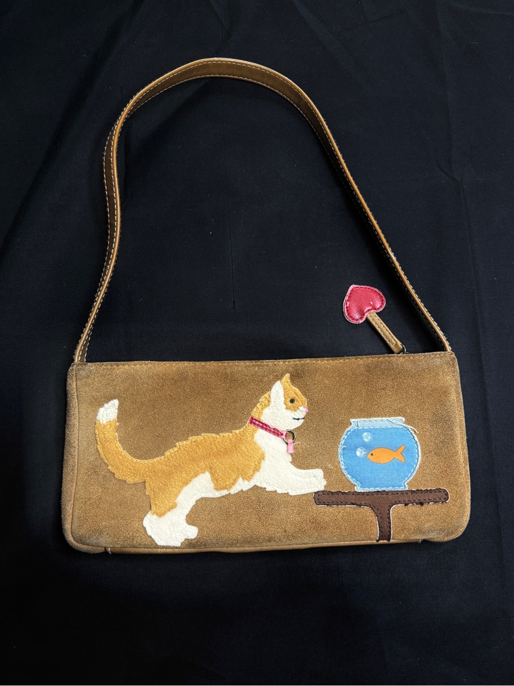 brown suede cat & fish bowl vintage shoulder bag